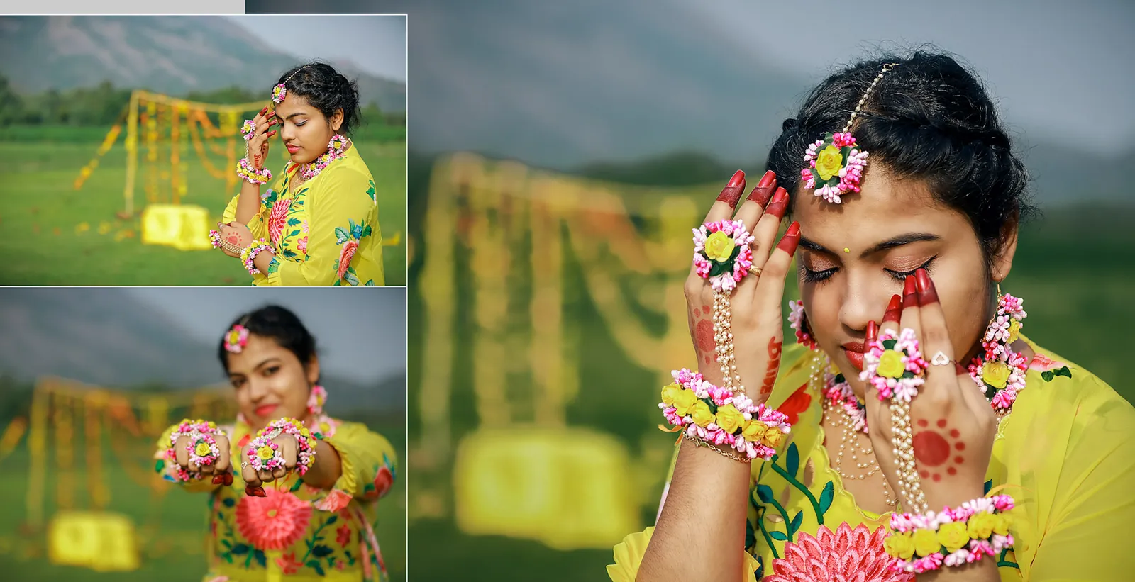 Haldi bridal portrait at Kava Palakkad with floral jewellery
