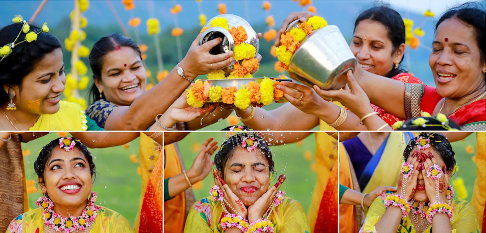 Family members celebrating during Krishna and Franklin Haldi at Kava Palakkad