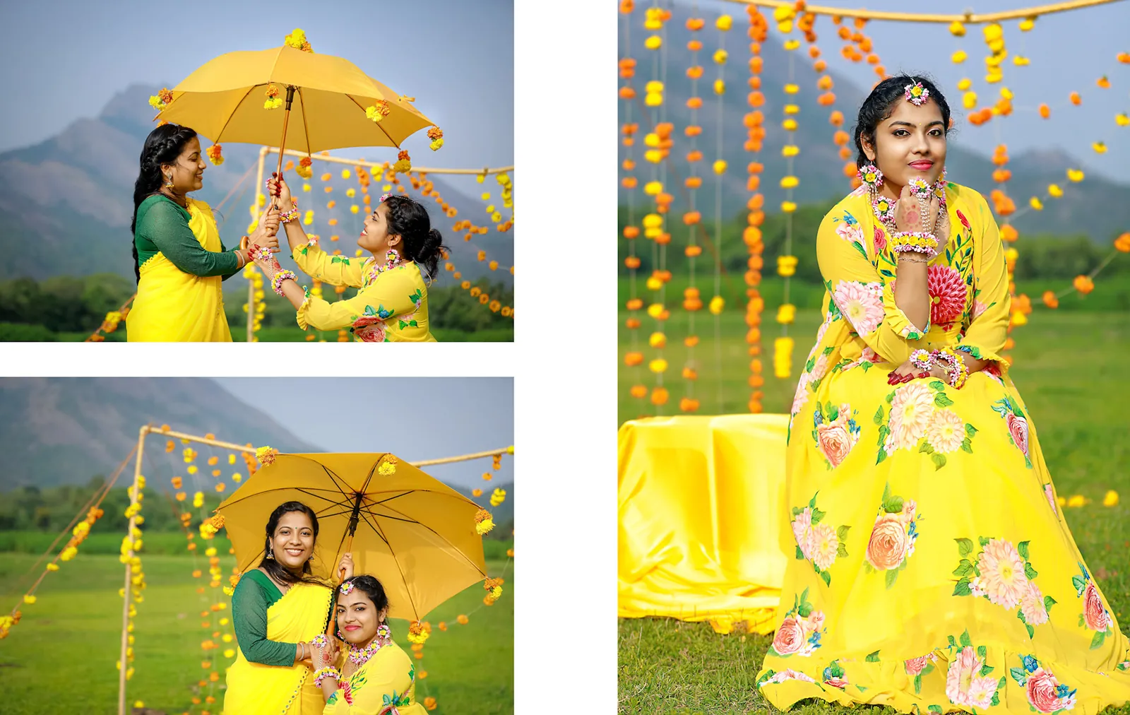 Outdoor Haldi portrait with yellow decor and Palakkad hills