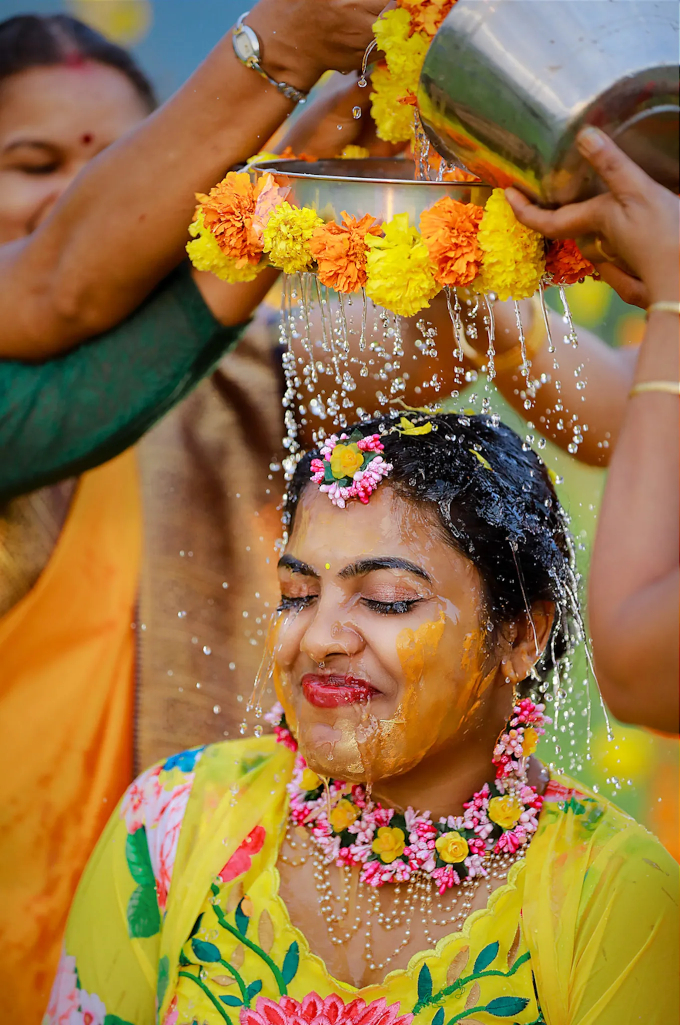 Krishna outdoor Haldi water ritual with family at Kava Palakkad